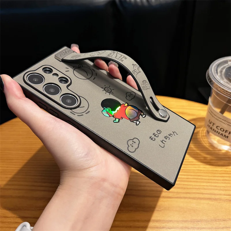 

Hot Cartoon Anime Crayon Shin-chan Wrist Strap Holder Phone Case For Samsung Galaxy S25 S24 S23 S22 Ultra Plus Leather Cover
