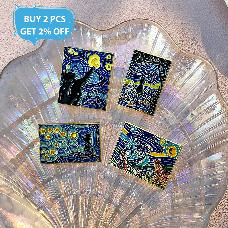 Van Gogh Oil Painting Enamel Pins Custom Starry Night Cats Brooches Lapel Badges Fun Animal Art Jewelry Gift for Kids Friends