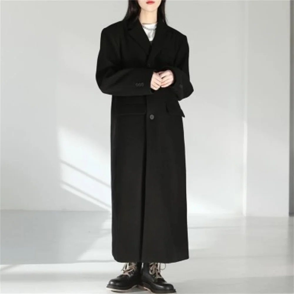 

Autumn and winter single breasted straight woolen overcoat women long over the knee thickened black woolen jacket women fashion