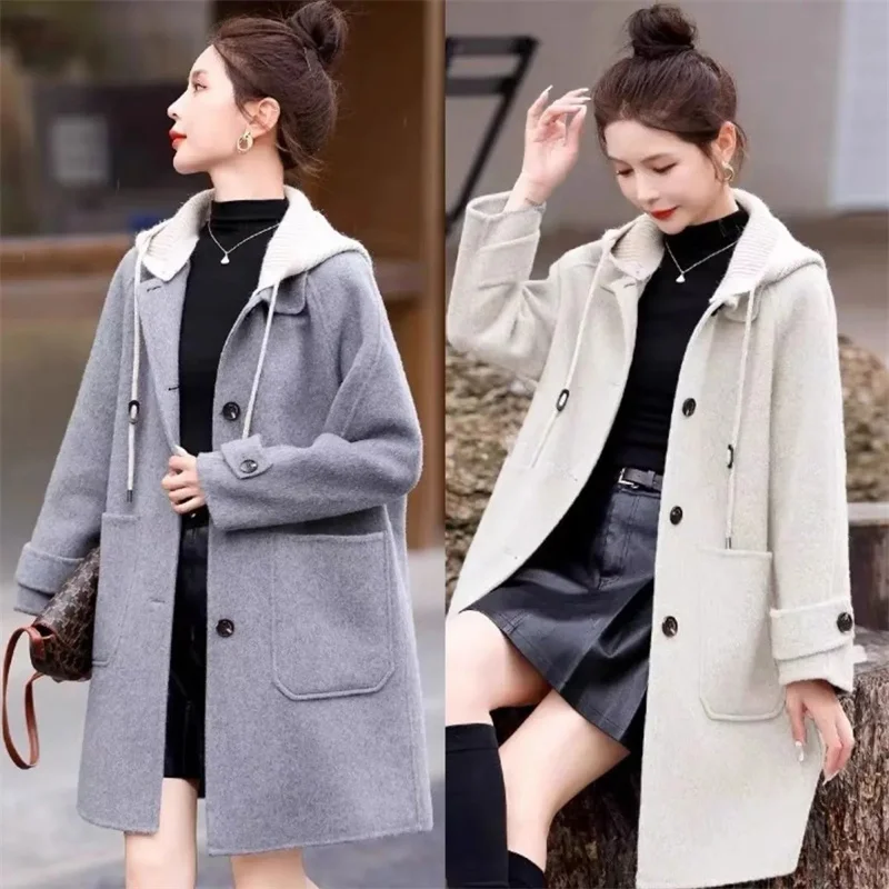 

Korean Hooded Woolen Coat Women Autumn Winter Fashion Mid-Length Single Breasted Loose Warm Casual Wool Jacket Female Outwear