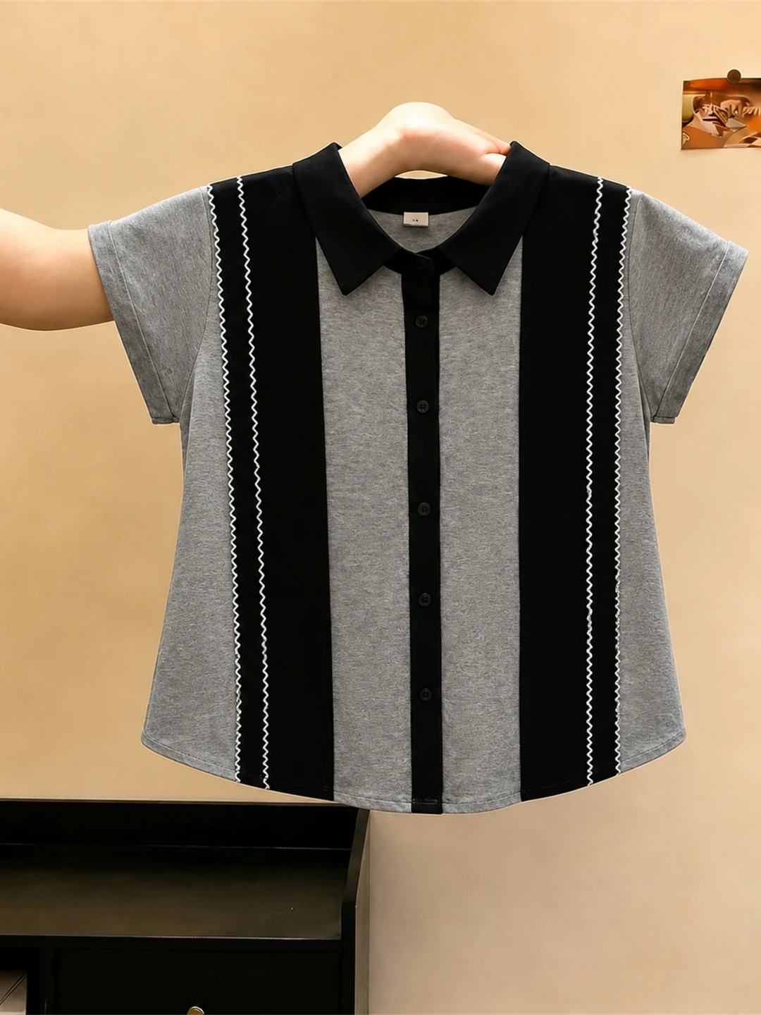 Korean Style Casual  Neck Short Sleeve T-Shirt Color Block Summer Commute Fashion All-Match Leisure Women's Top