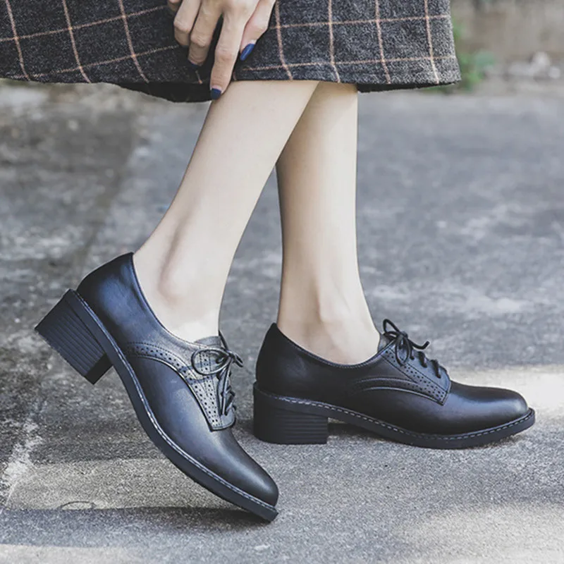 Women's Pump Shallow Brogue Shoe Vintage Chunky Heel Cut Out Oxford Shoes Woman Lace Up Female Fashion Elegant Ladies Short Boot