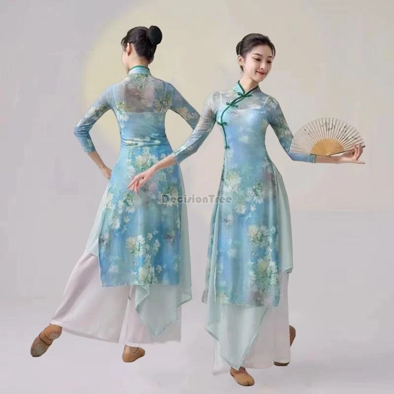 

2024 chinese style classical dance qipao set daily improved dance practice qipao vintage temperament printing chiffon garment