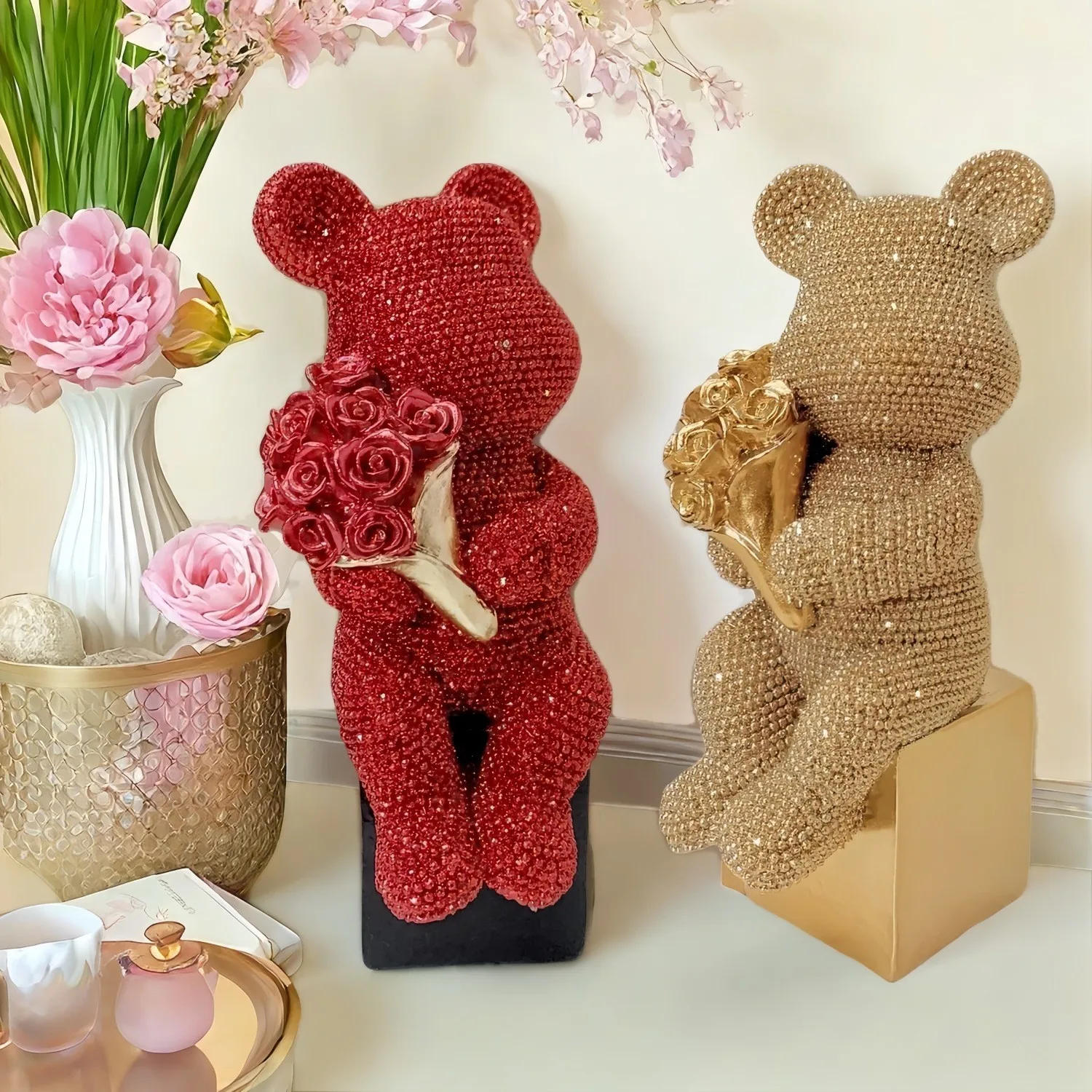 New Flower Holding Bear Resin Ornament Light Luxury Home Decor Valentine's Day Gift for Girlfriend