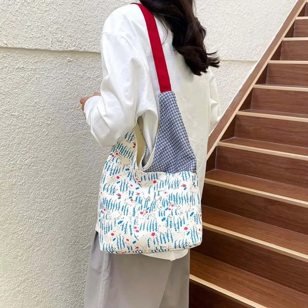 Large Capacity Canvas Tote Bag Magnetic Buckle Plaid Triangle Hobo Handbag Soft Material Cedar Print Patchwork Crossbody Bag