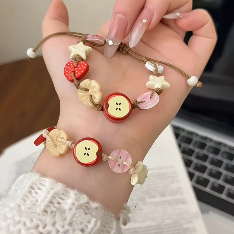 Handmade Ceramic Apple Bracelet Adjustable Woven Cord Cartoon Beads Bangles For Women Gifts Jewelry Accessories Pulsera Mujer