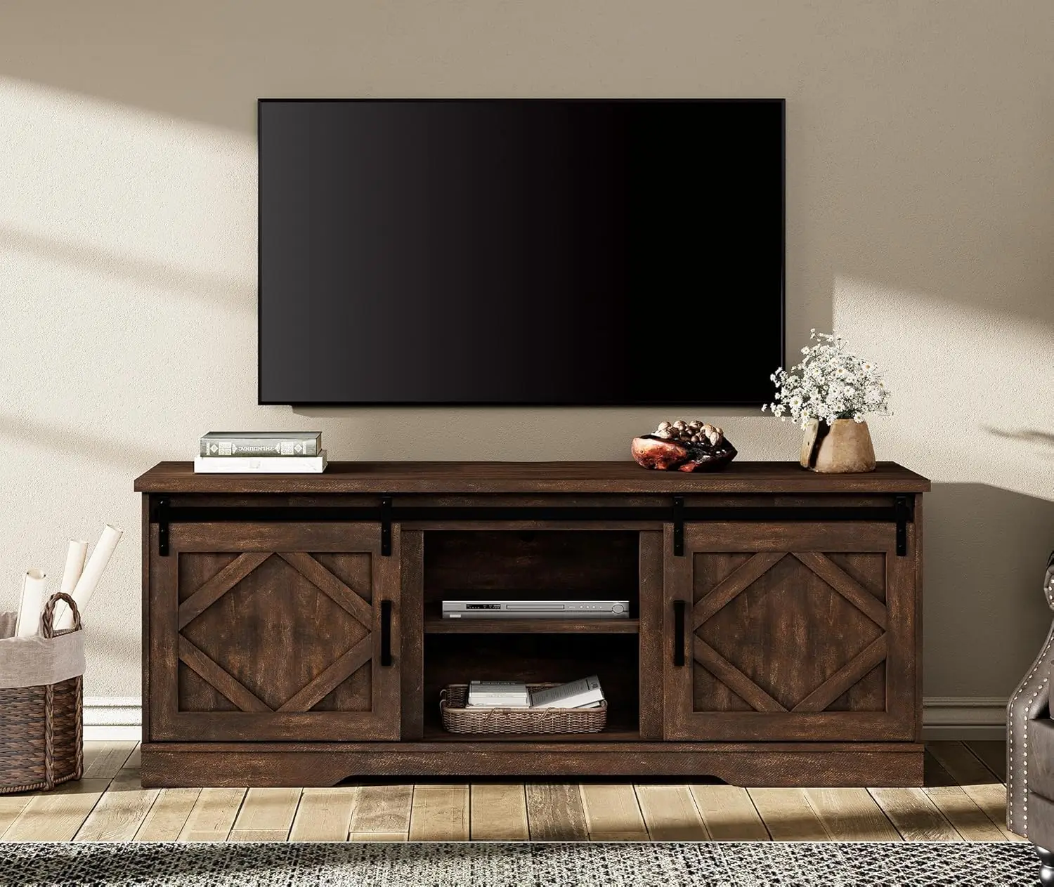 Farmhouse TV Stand 60-75 inch TV Sliding Barn Door Adjustable Shelf Storage Cable Management 66x15x25 in, Customized