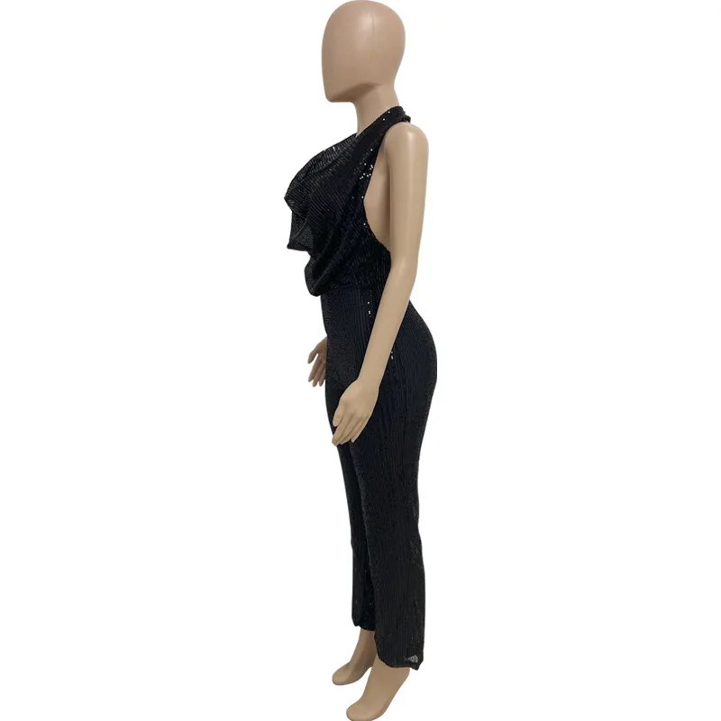 Summer Solid Ladies Sleeveless Backless One Piece Shiny V Neck Sequin Party Jumpsuit Elegant Women