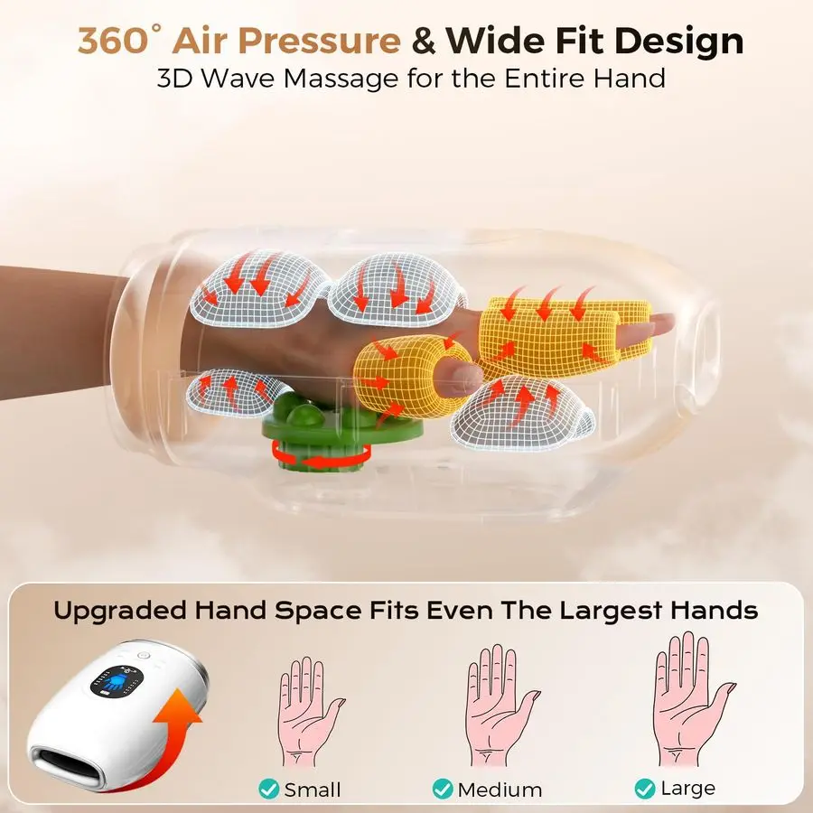 温熱と圧縮機能付きマッサージ器、4000mAh充電式バッテリー、心地よい揉みほぐしとストレッチ、手のひら、指、手首のマッサージ