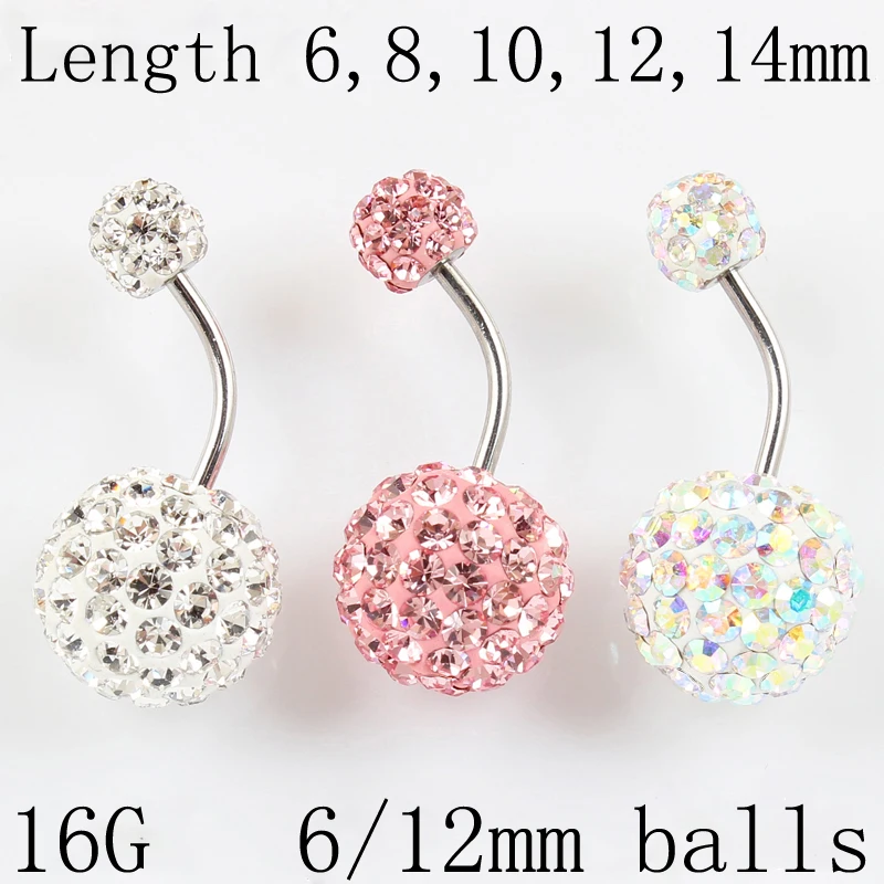 Belly button ring 6/12 mm ball 16G not allergic stainless steel piercing aurora white pink top quality navel bar body jewelry