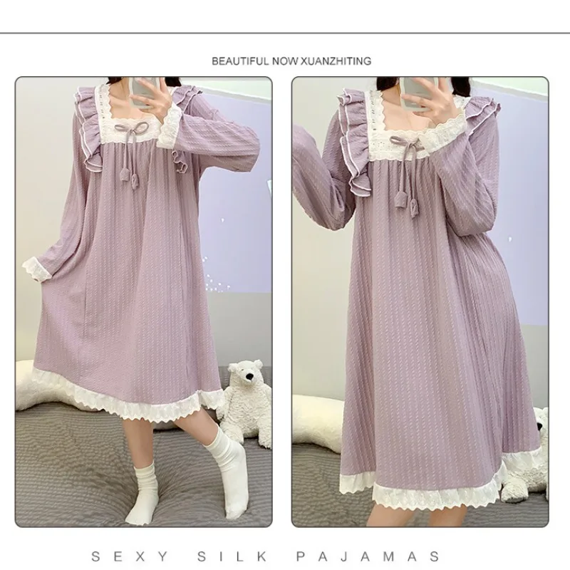 5XL Plus Size Long Sleeve Nightdress Women Spring and Autumn Ins Princess Long Loungewear Soft Comfortable Sleepwear Home Dress