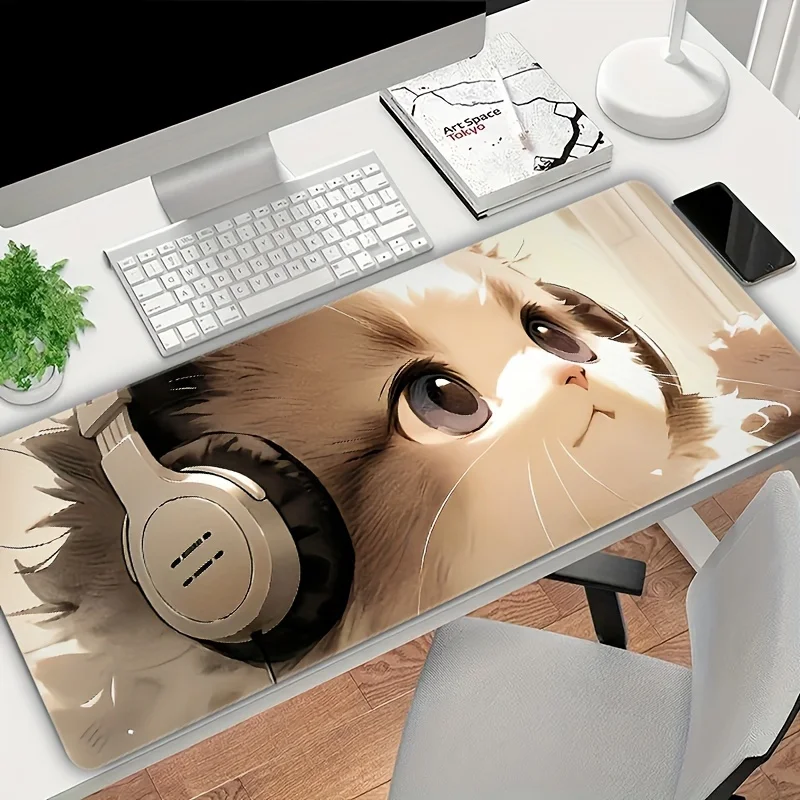 CIFBUY Cat Listening to  Gaming Mouse Pad Large Desk Mat Non-Slip Durable Rubber Base Stitched Edge for Office Home Decor
