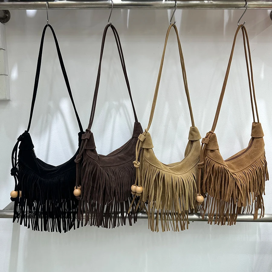 

Retro Suede Velvet Tassel Design Single-Shoulder Crossbody Bags For Women Boho Style Fringe Solid Handbags For Outdoor Travel