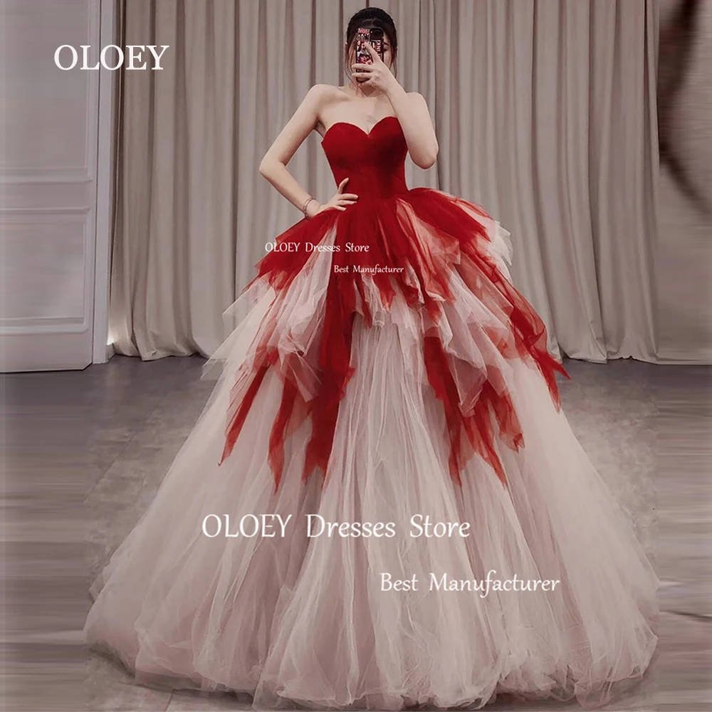 OLOEY Elegant Sweetheart Red Prom Dress Tiered Pleats Tulle Floor Length Performance Gown Corset Korea Photoshoot Custom Made