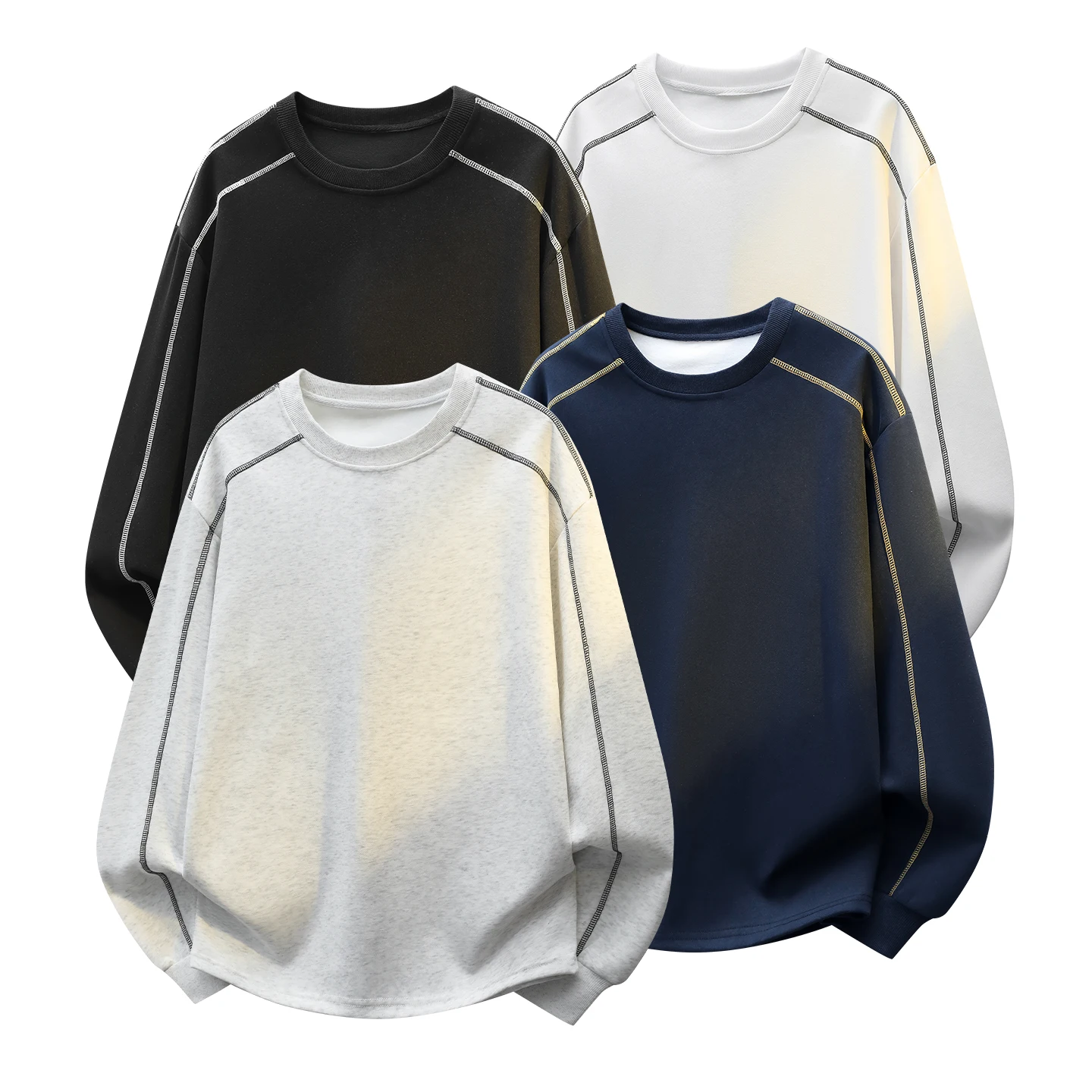 Men Casual Crew Neck Sweatshirt Contrast Stitch Long‑Sleeve Tops Loose Oversized Pullover Streetwear Male Sports Sweatshirts