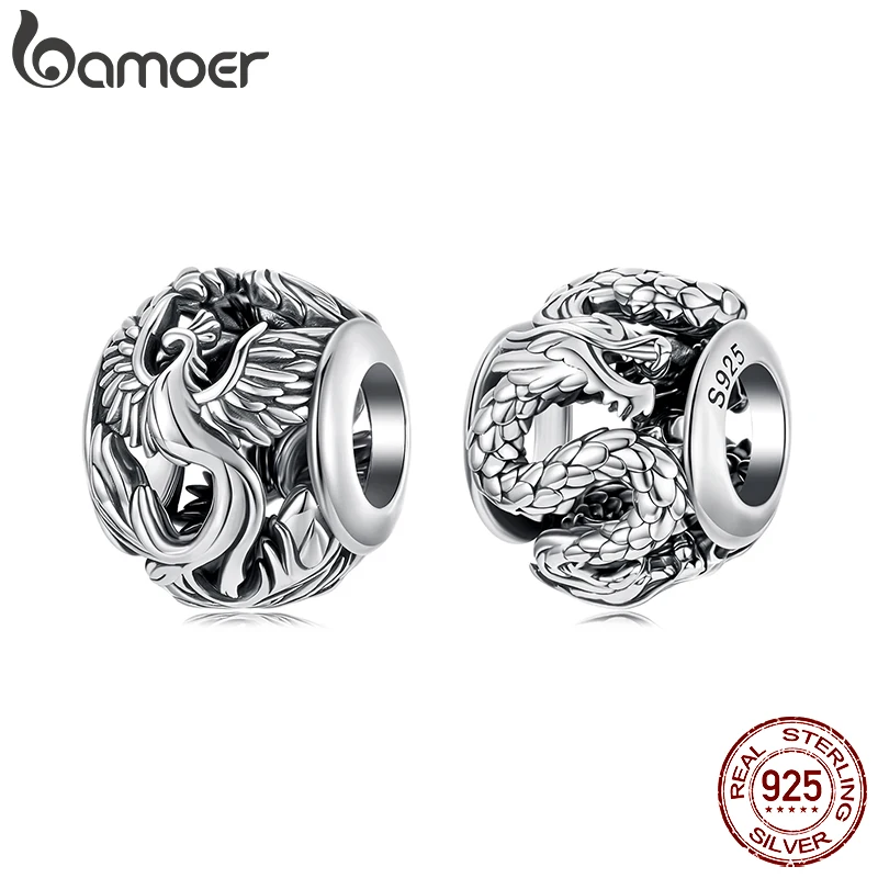 BAMOER 925 Sterling Silver Phoenix Flying Dragon Charm Bead Fit Original Bracelet, Round Hollow Beads DIY Jewelry Accessories