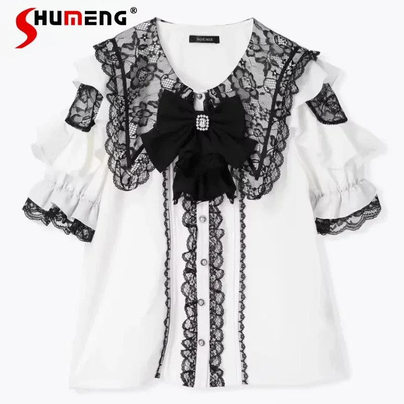 

Women's Single-breasted Blouse Japanese Lolita Top Mine Series Lovely Off-Shoulder Lace Navy Collar Short Sleeved Shirt Ladies