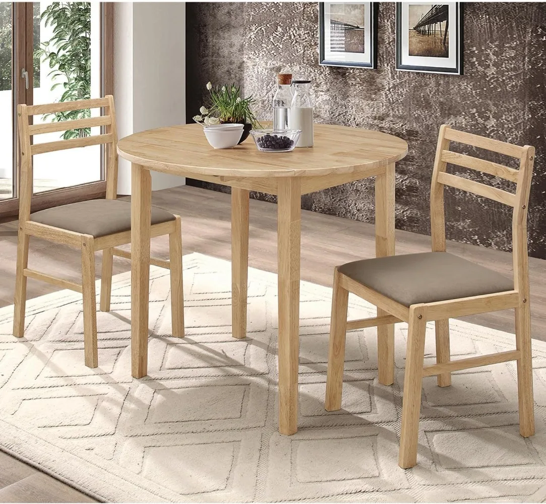 Coaster Home Furnishings 3-Piece Round Wood Dining Room Set Drop Leaf Extension Table Ladder Back Side Chairs Upholstered Seat