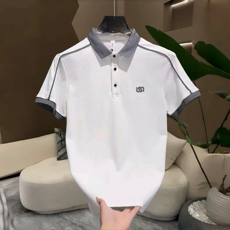 

Летняя мужская повседневная футболка с коротким рукавом, модная, с цветными вставками и вышивкой на воротнике, молодежная, популярная модель