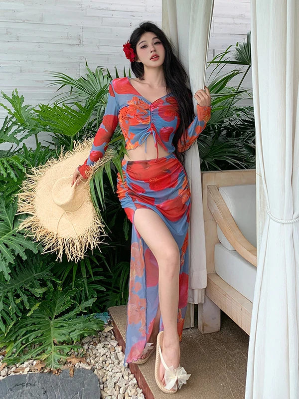 

Women's Bikini Swimsuit Dr Sle Vaion Beach Thermal Spa Long Skirt Slimming Tummy Covering Beachwear Four-Piece Set