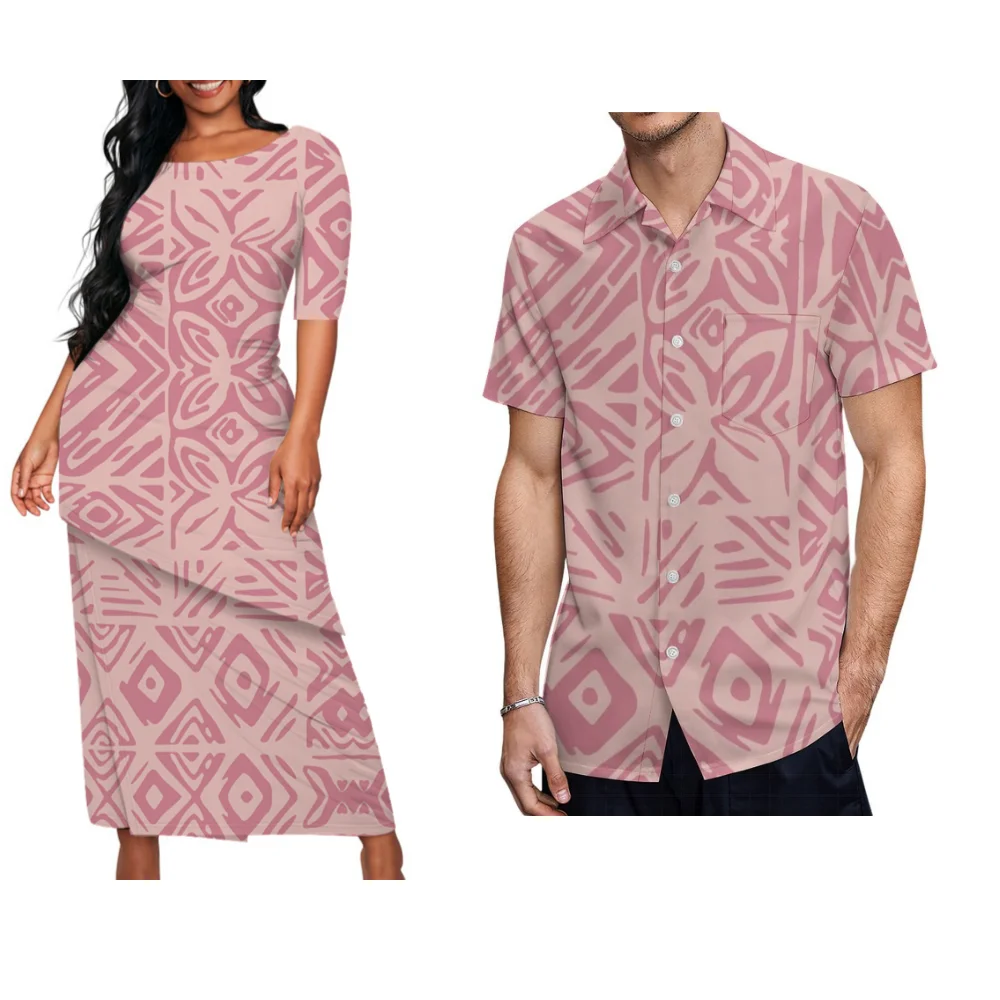 

Puletasi Elegant Two-Piece Polynesian Island Tailored Women'S Tight Tops And Long Skirts Match Men'S Loose Shirts