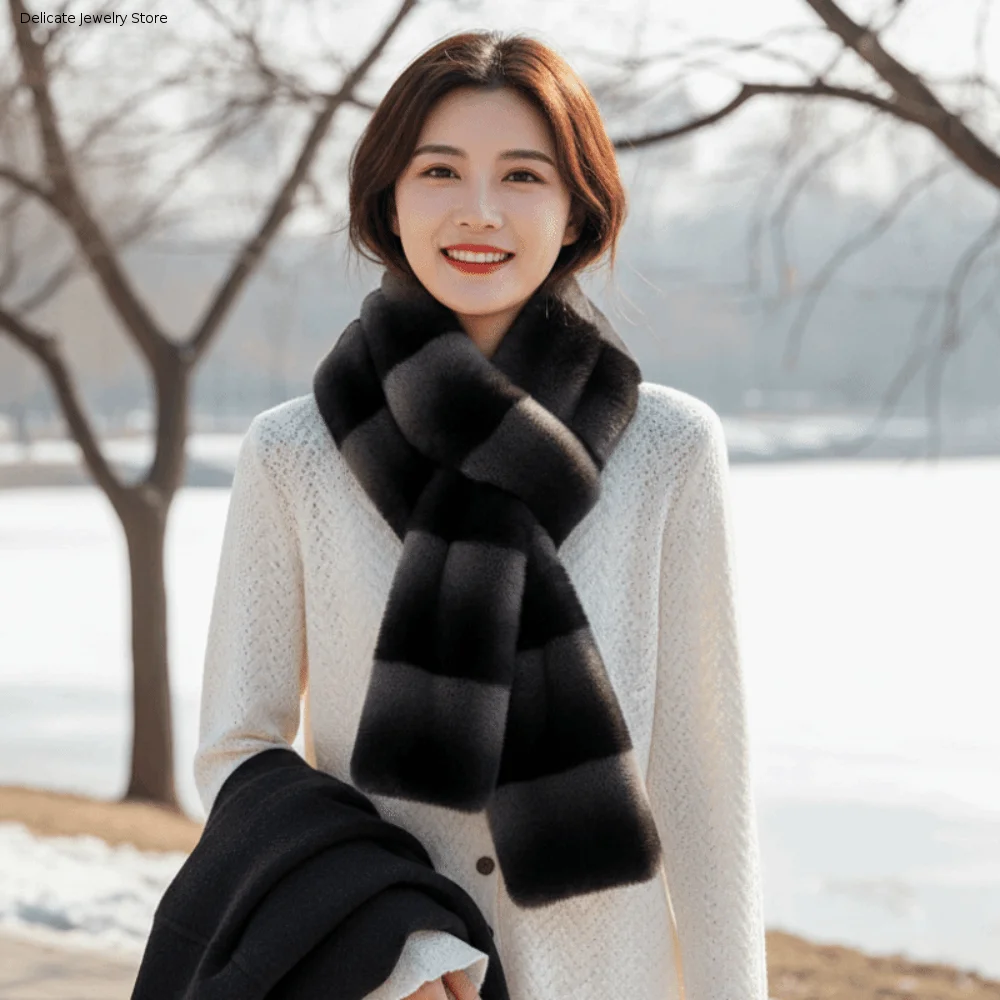Fluffy Fleece Wrap Faux Striped Fur Scarf Thick Soft Plush Long Muffler Elongated Thermal Contrast Tippet Outdoor Travel