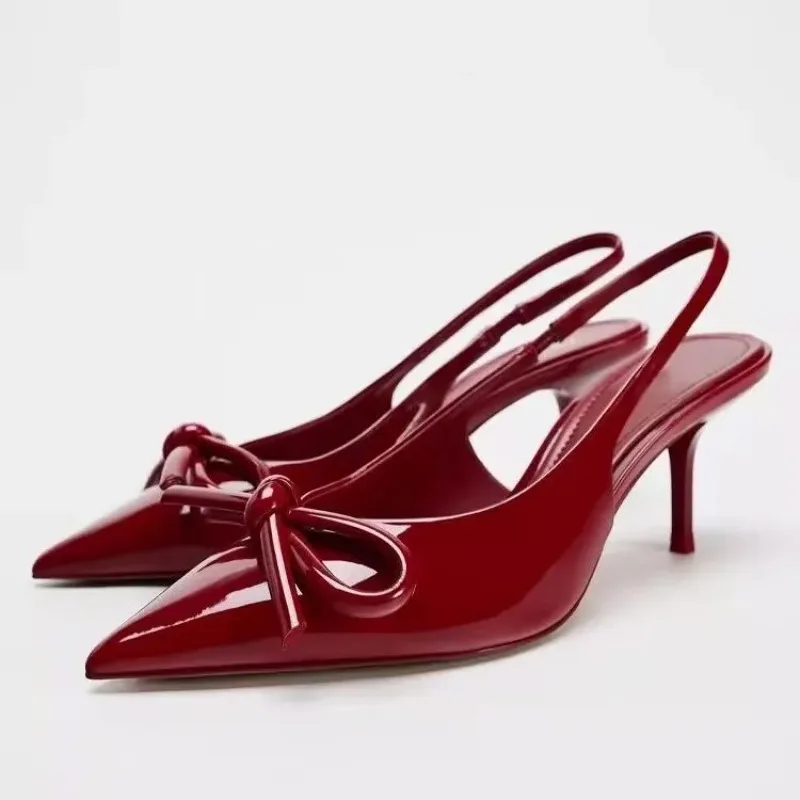 Patent Leather Red Heels Sexy Stripper Pointy Brand Designer Sandals Women 2026 Summer Trend Bow Party Women's Slingback Sandals