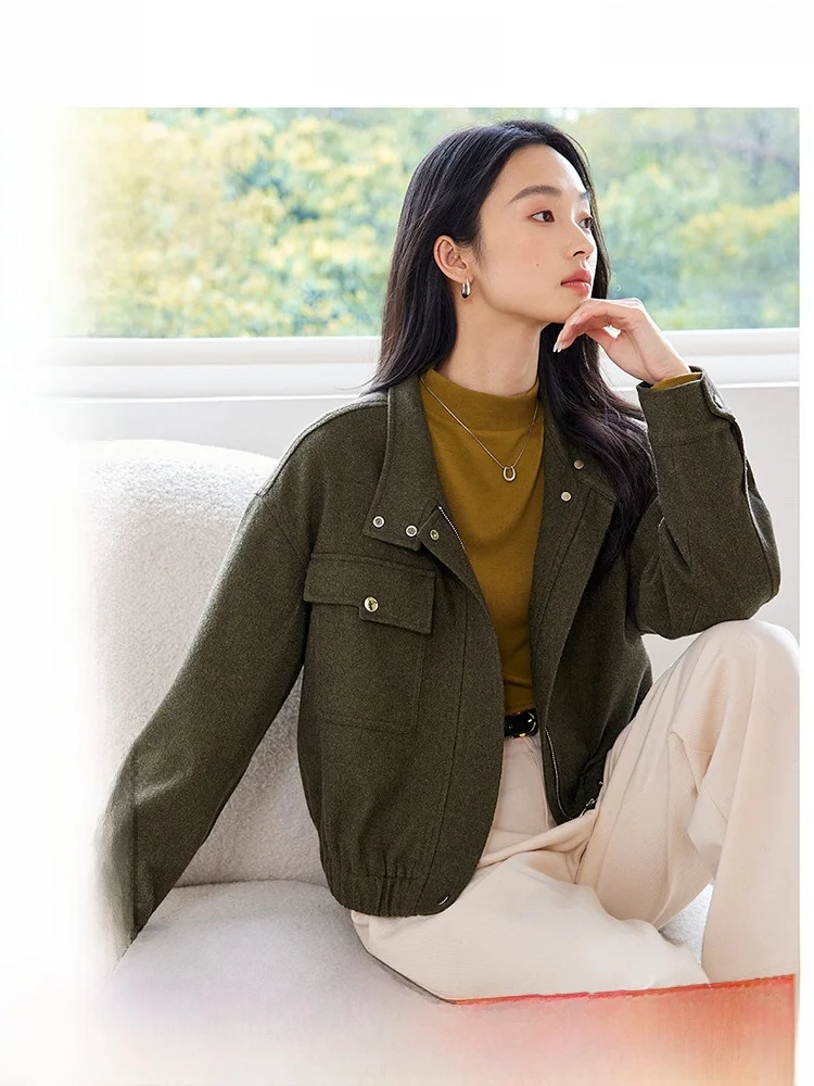 

Green Khaki Stand Collar Short Wool Blend Coat Women's Fashion Casual Spring 2026 New Style Streetwear Polyester Fiber