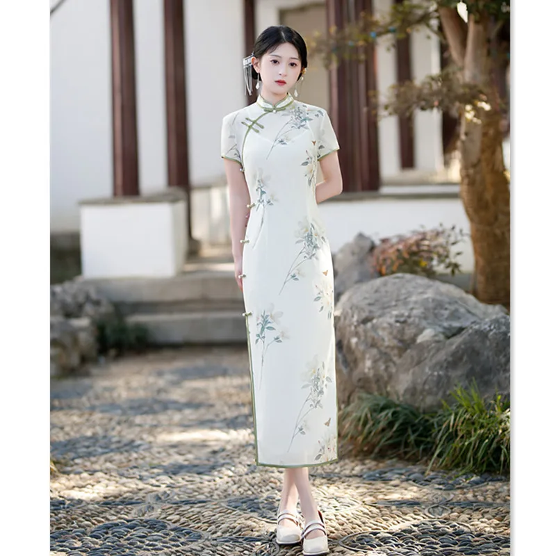 Elegant Fashion Double-layered Cheongsam Spring/Summer New Improved Style for Young Girls, Long Cheongsam with Chiffon Fabric