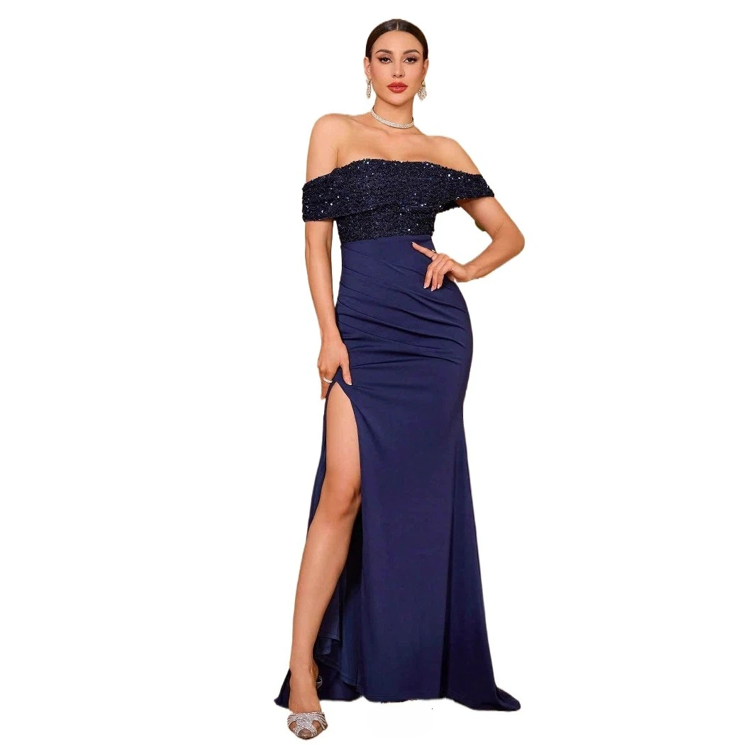 

Sexy Off Shoulder Sequined Mermaid Long Formal Evening Dress Blue