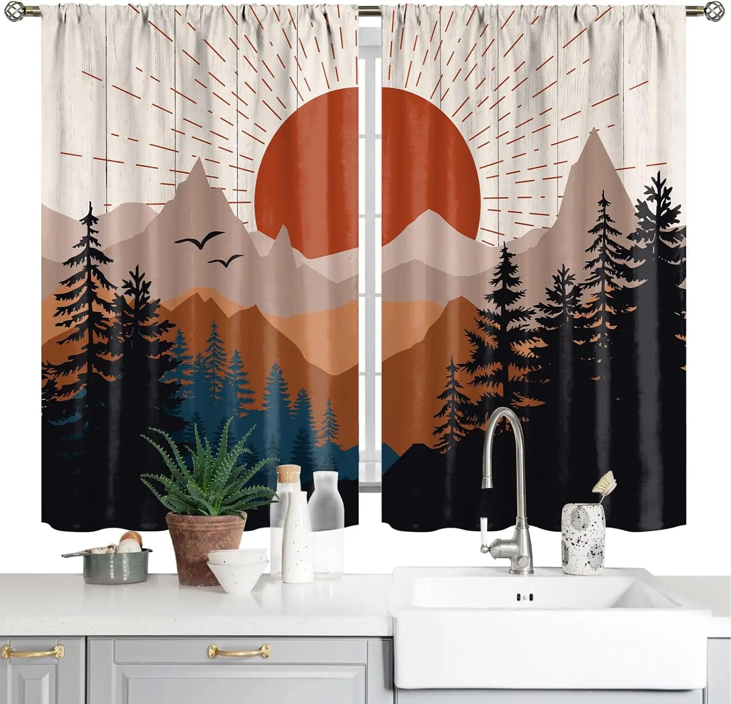 Retro Mountain Sunset Curtain Silhouette Tree and Sun Rays Print for Living Room Decor