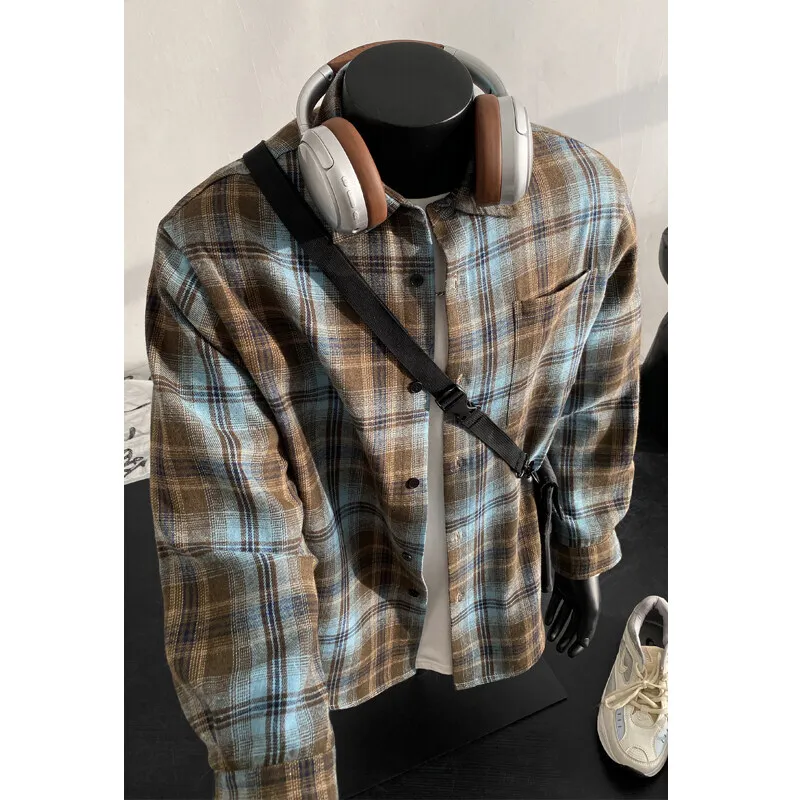 Spring Long Sleeved Shirt Men Retro Plaid Shirt Men Japanese Streetwear Loose Casual Shirt Mens Vintage Shirts Plus Size 5XL
