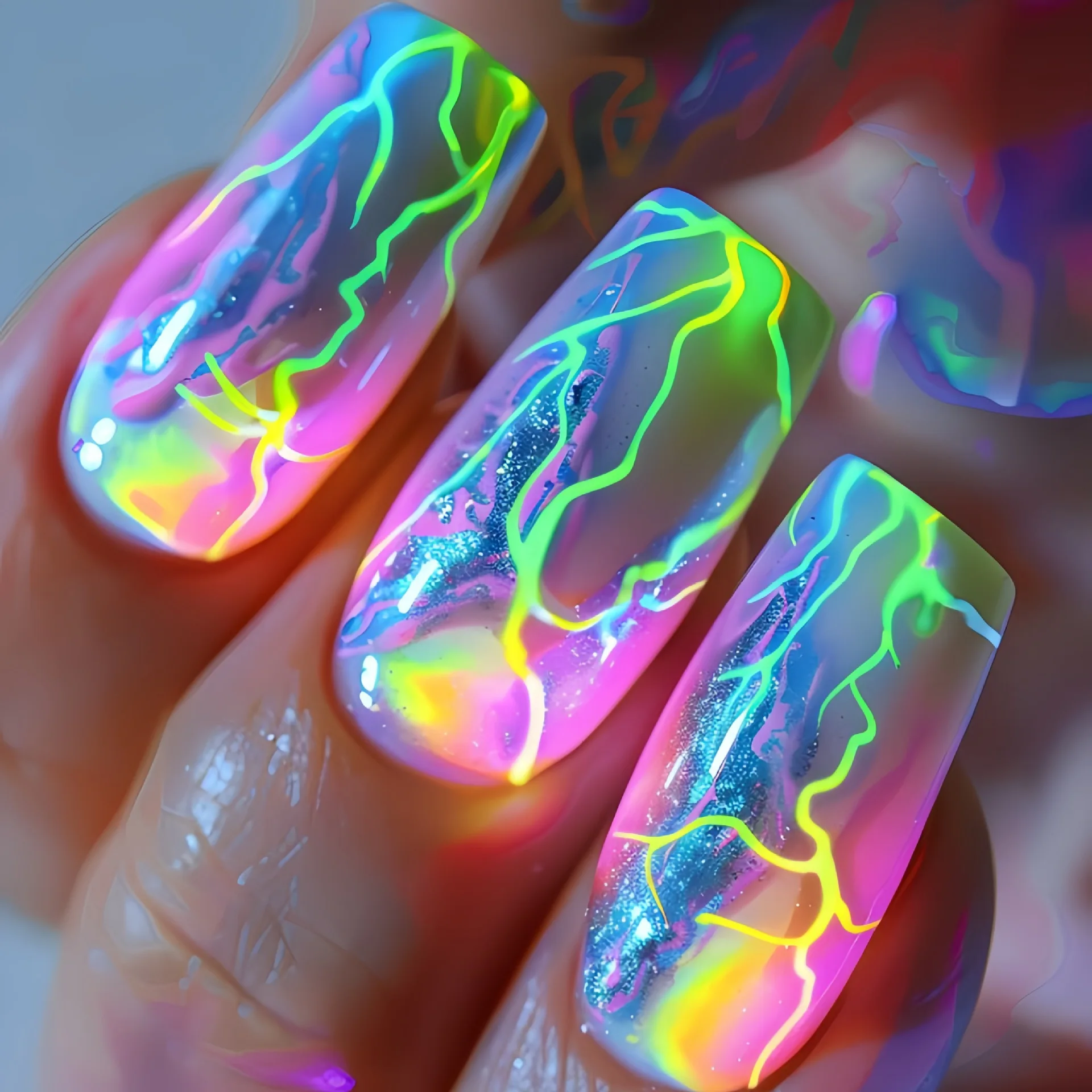 24pcs/set Medium Square fake nails Gradient Aurora flame Lightning stripes starry sky faux ongles tips press on false nails art