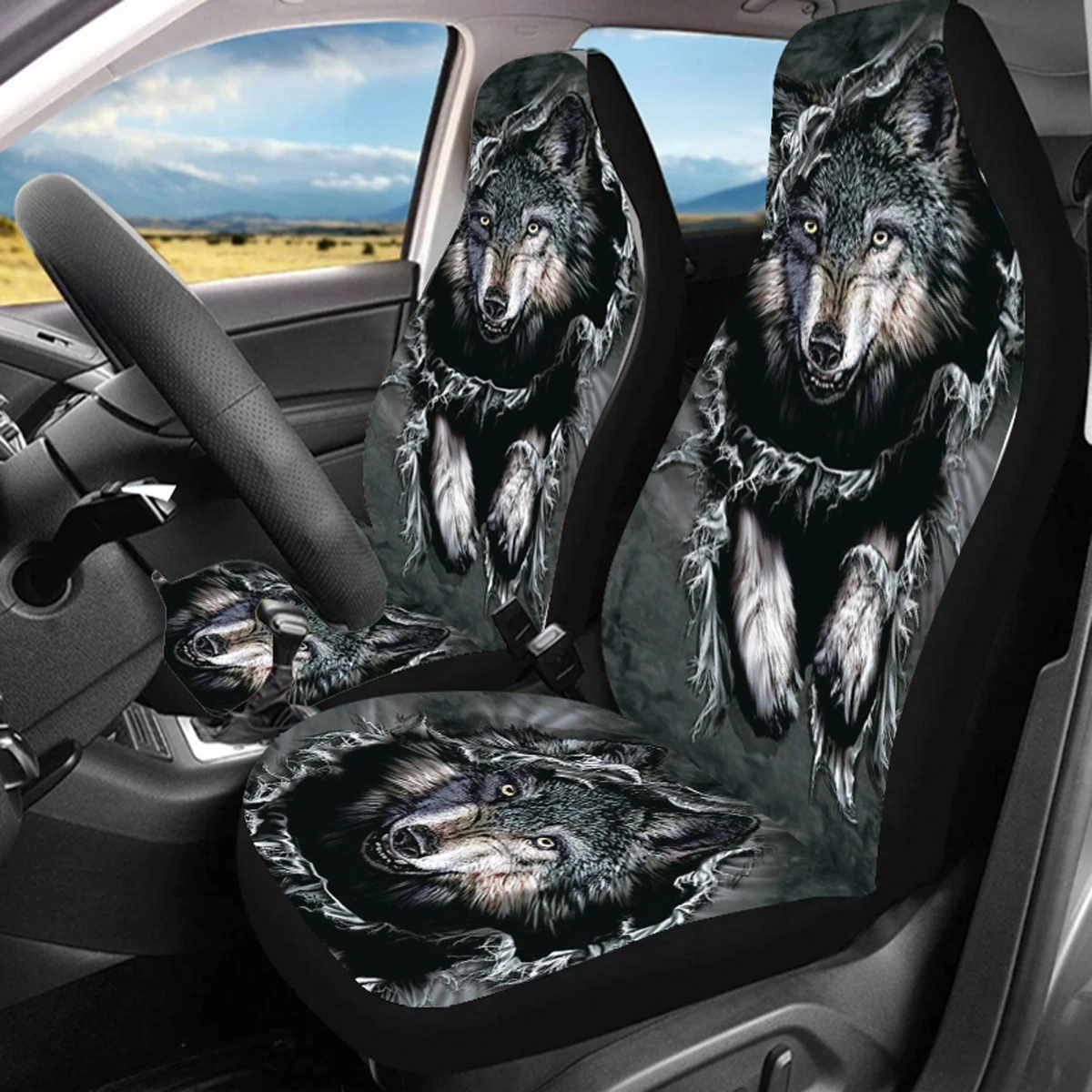 Cowboy Wolf Design Car Seat Cover Novel Cowboy Effect Printed Polyester Microfiber Fabric Soft and Comfortable Front Seat Cover