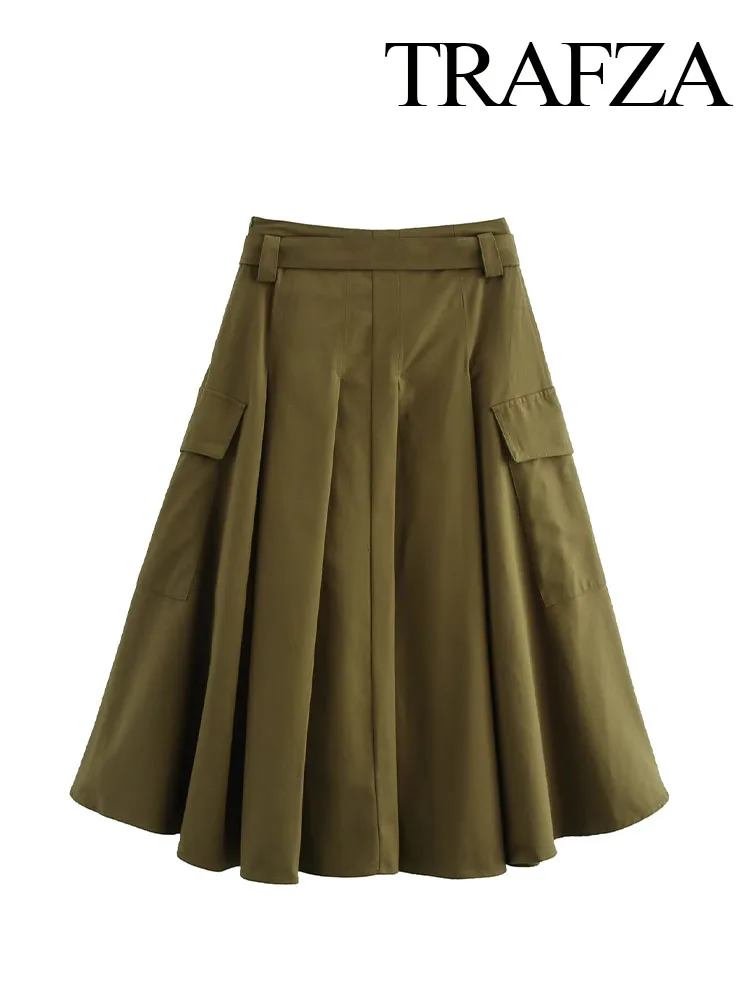 TRAFZA Women Autumn High Waist Long Skirt Fashion Belt Pocket Folds Decorate Skirts Female Army Green Zipper High Street Skirt