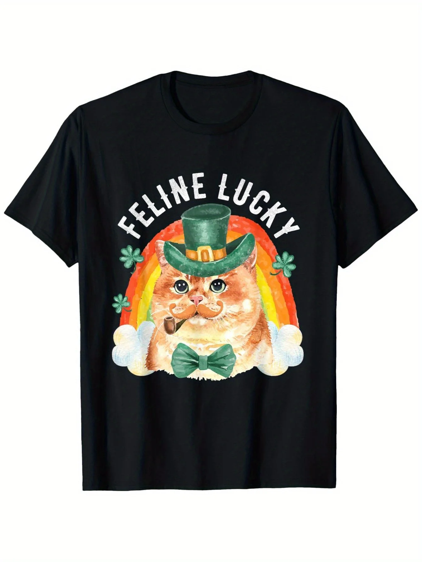 

Feline Lucky Cat St Patrick Day Graphic Tee Soft Breathable Cotton Casual Rainbow Clover Print Crew Neck T-Shirt Men Women