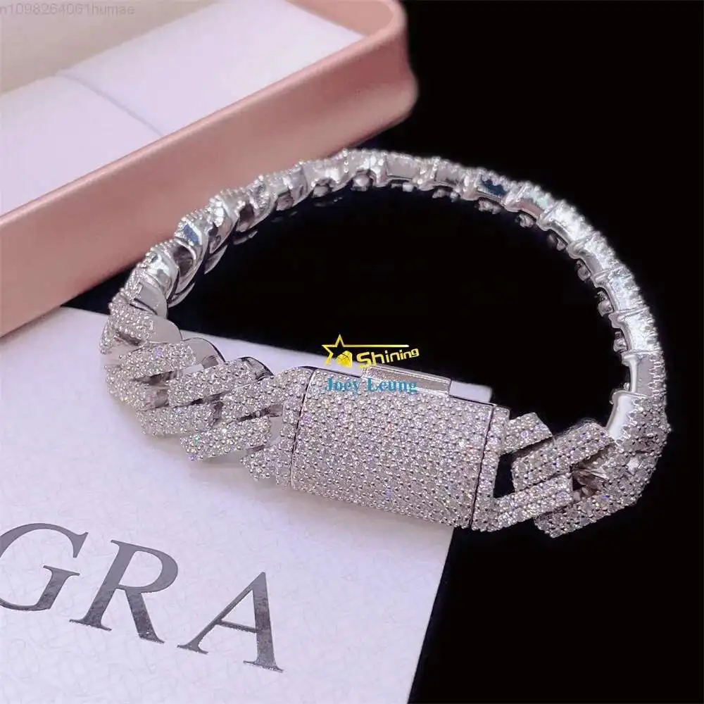 

925 Sterling Silver Gold Plated VVS Moissanite Diamond Custom 15MM Iced Out Cuban Bracelet