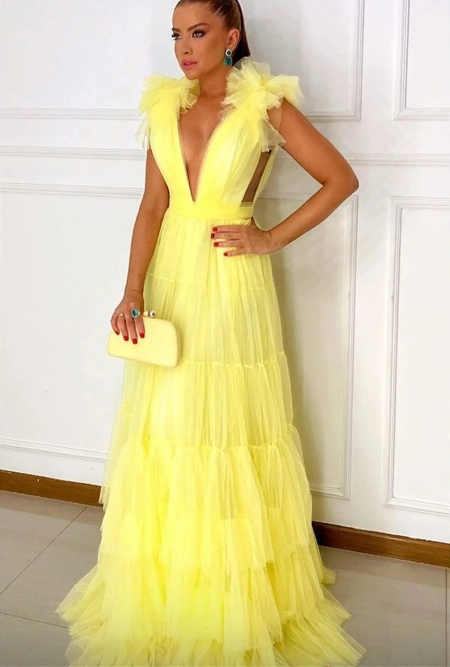 Bridesmaid Gala Dress Party Evening Elegant Luxury Celebrity Grace Gala Dresses 2024 Layered Collar Ball Gown Yellow Customized