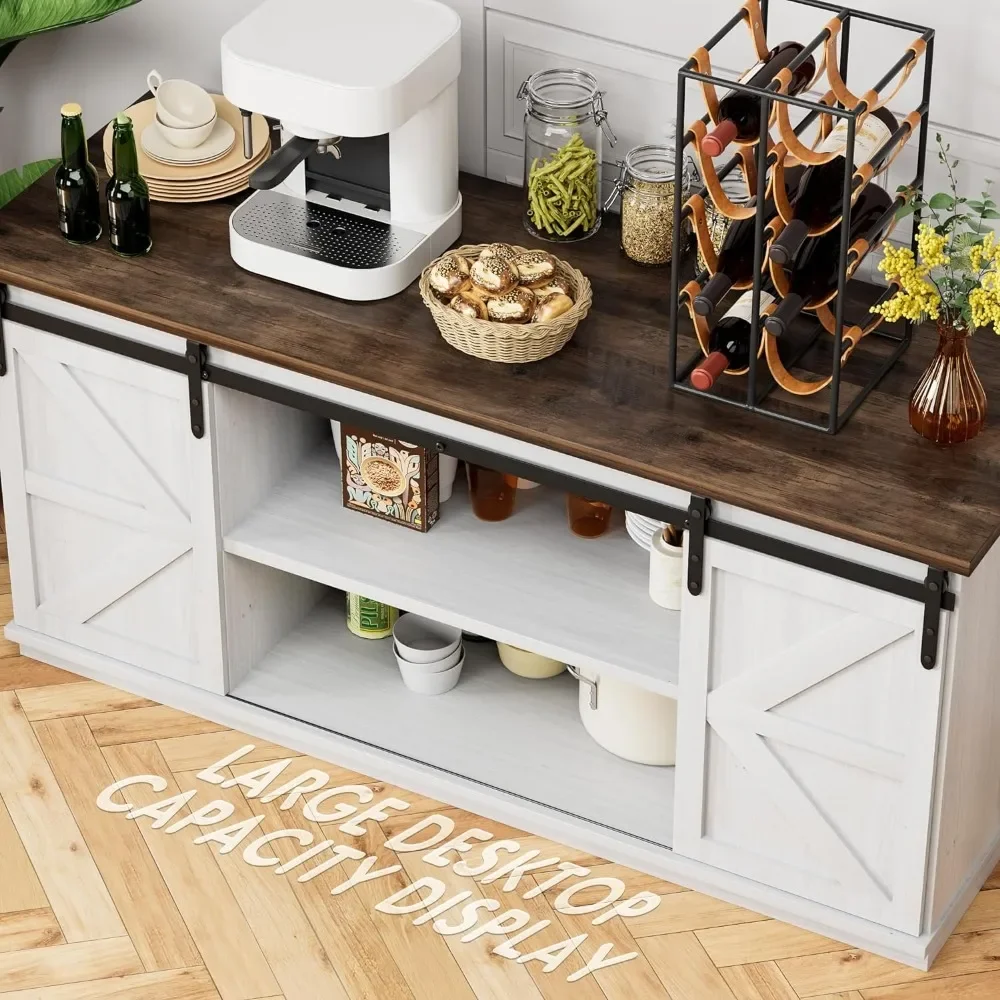 Farmhouse Sideboard Buffet Cabinet Coffee Bar Storage com portas de celeiro deslizantes Prateleira branca para sala de jantar doméstica 27,5 altura