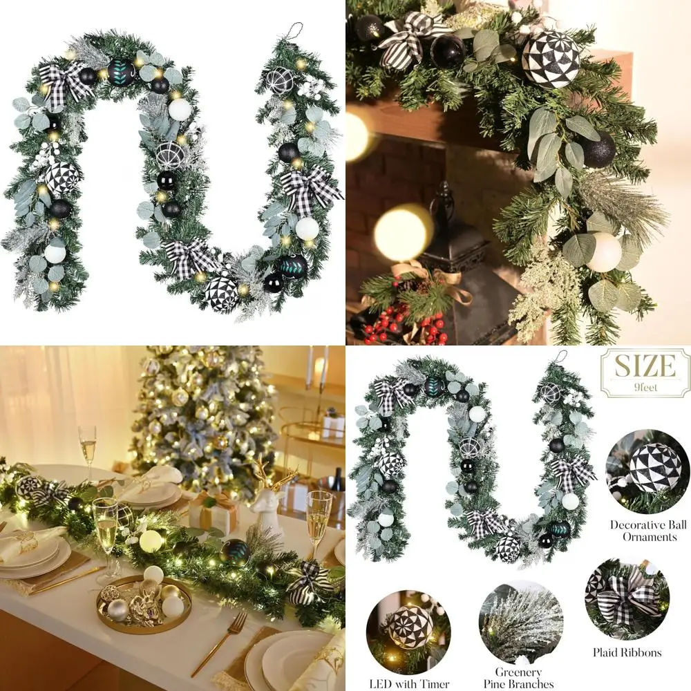 

9 Feet Long Pre-Lit Christmas Garland with White and Black Balls for Mantle, Outdoor Lighted Xmas Decorations