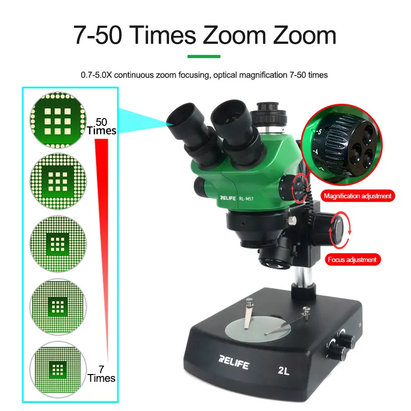 RELIFE RL-M5T-2L microscopio Stereo trinoculare HD 0.7-5.0X Zoom continuo messa a fuoco saldatura di rilavorazione di riparazione PCB Simul-focale