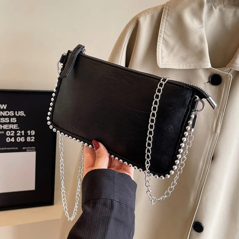 Black Solid Color Crossbody Bags For Women Beading Chain Mobile Phone Purses Fashion Shoulder Messenger Bag