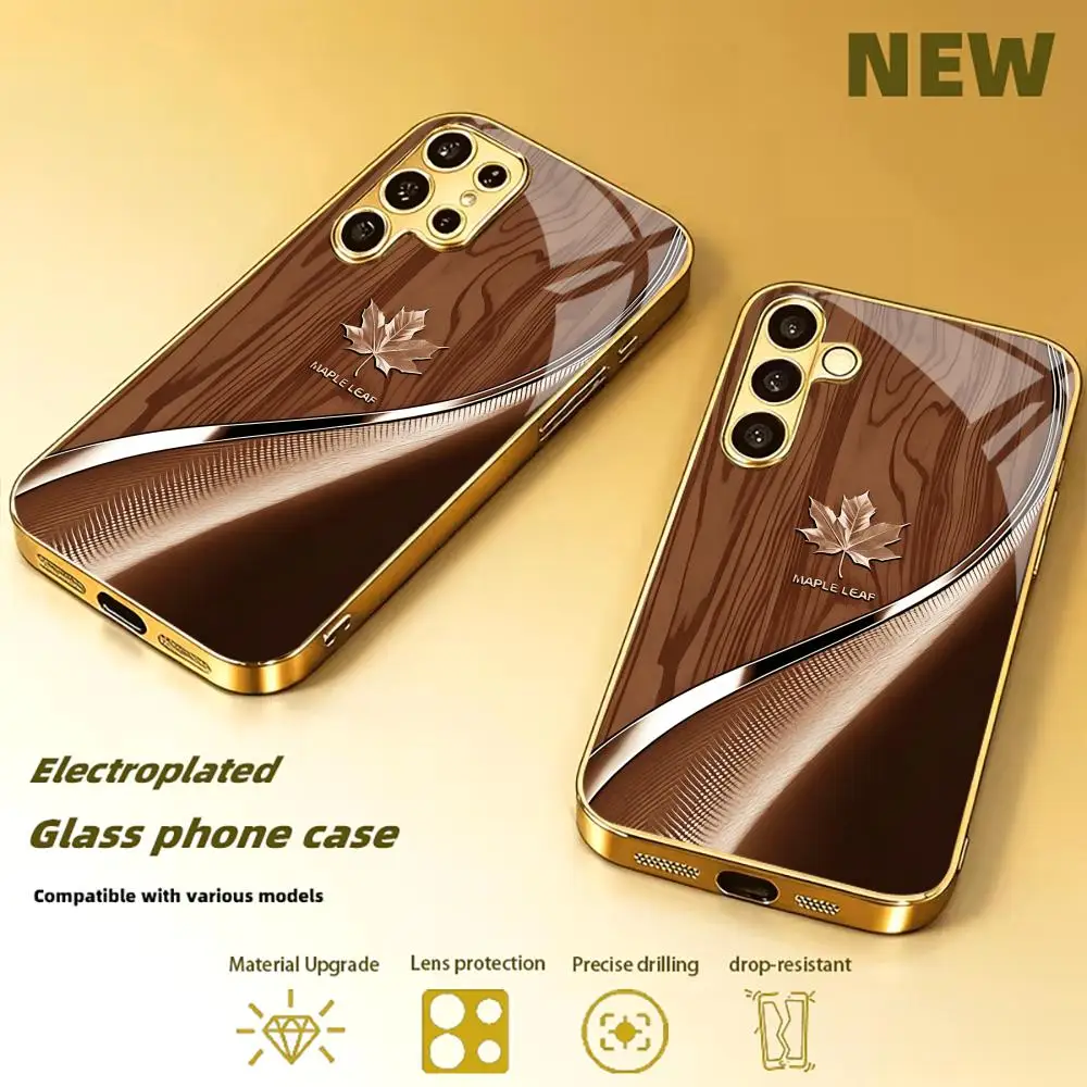 Wood grain maple leaf TPU HD glass phone case for Samsung Galaxy S26 S25 S24 S23 S22 S21FE,Ultra,Plus Super-strong protectio