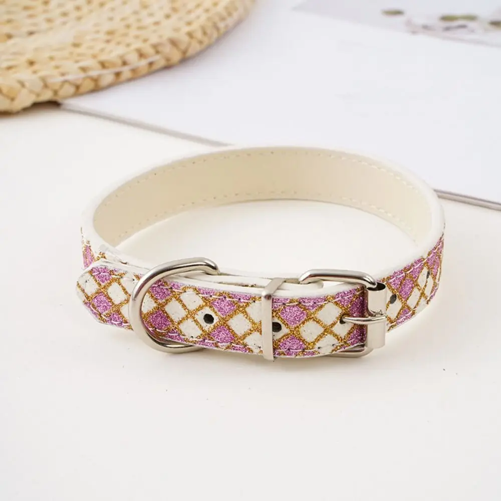 Reflective PU Plaid Dog Collar Wear Resistant Adjustable Dog Neck Strap Colorful Plaid Rhinestone Collar Photograph