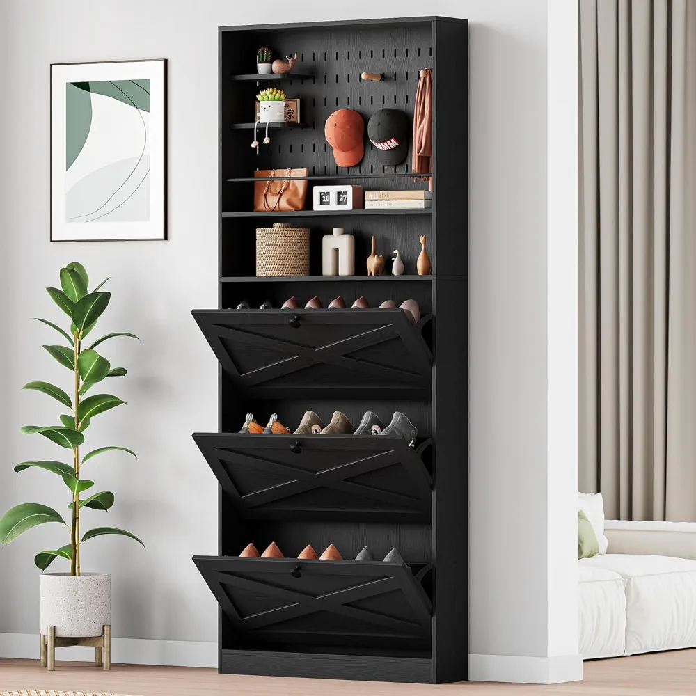 Wooden 3-Drawer Shoe Cabinet with Pegboard Rack for Compact Storage