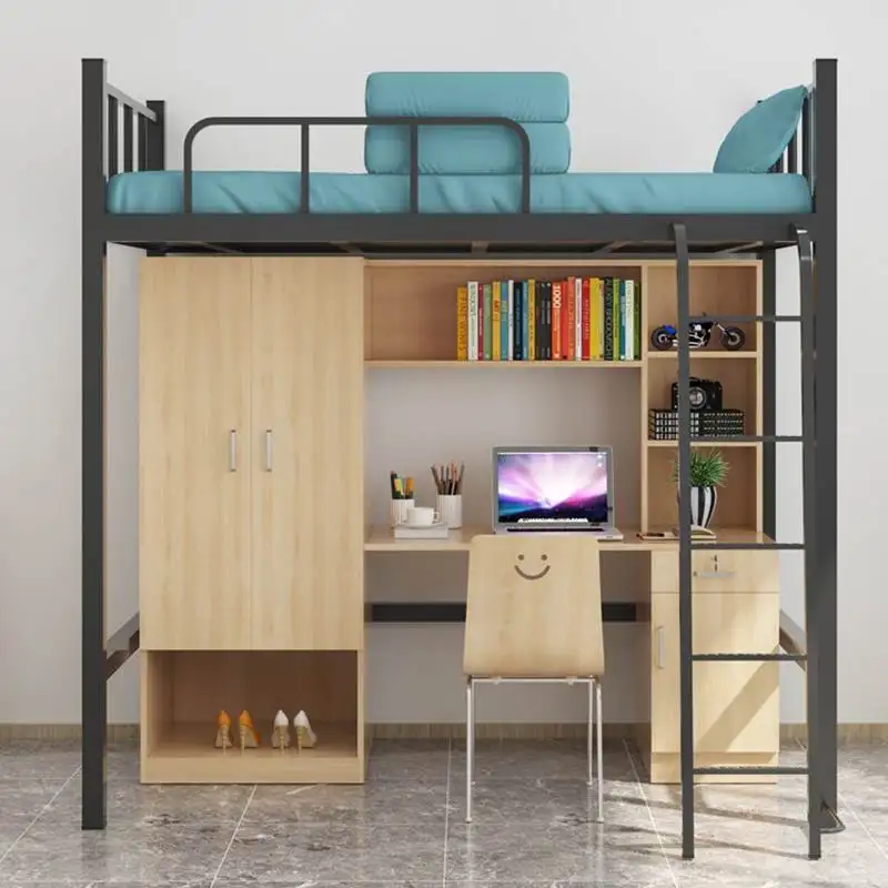 Staff Upper Bed Lower Table Combination Simple Wrought Iron Dormitory Bed University Student Apartment Elevated Dormitory Bed