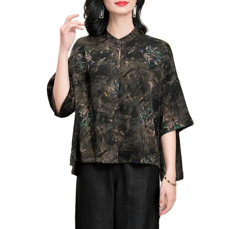 Vogelboom, Gewaterd Gaas Echte Zijden Shirts, Vrouwen 3/4 Mouwen Bloemen, Pendelen Elegante Retro Blouse, 2024 Lente Zomer Nieuwe T45740qm