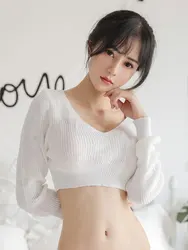 Korean Popular Clothes Short Crop Tops Knitwear Long Sleeve Pullovers Low Cut Women's Sweater Sexy Knitwear Tops New In Now