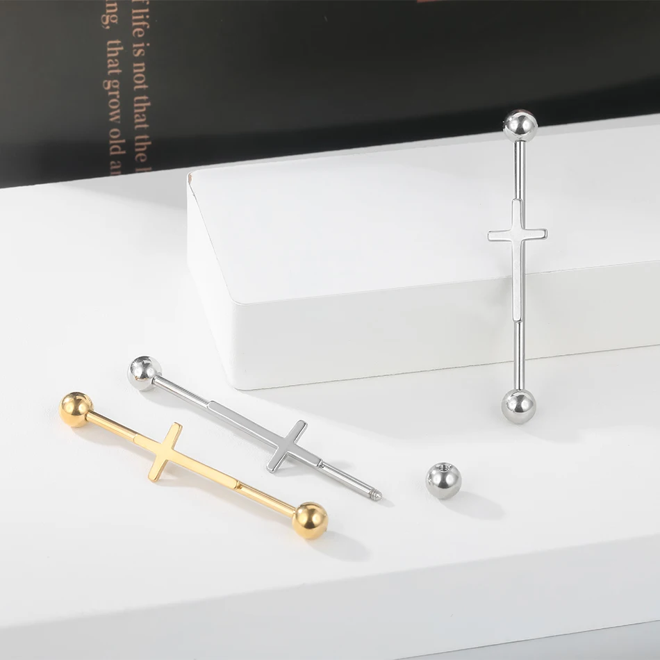 1PC Steel Cross Industrial Piercings Orelha Cartilagem Industrial Barbell Earrings Piercing Bar Scaffold Ear Cartilage Helix 14G