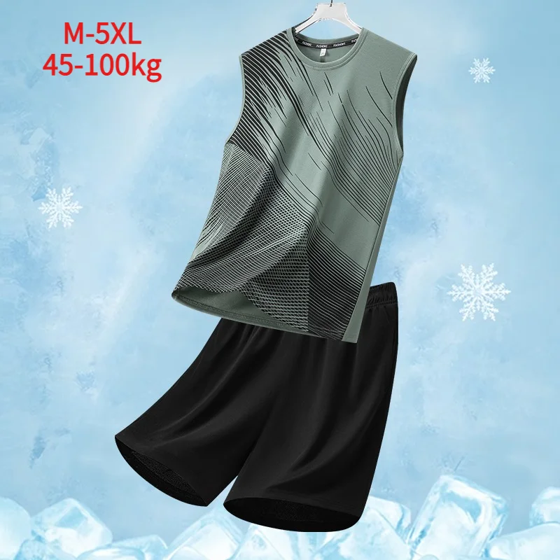 

Ice Silk Set Quick Dry Breathable Sleeveless Shorts Set Men's Summer Fitness Running Elastic Sweat Absorbent Polyester Sports